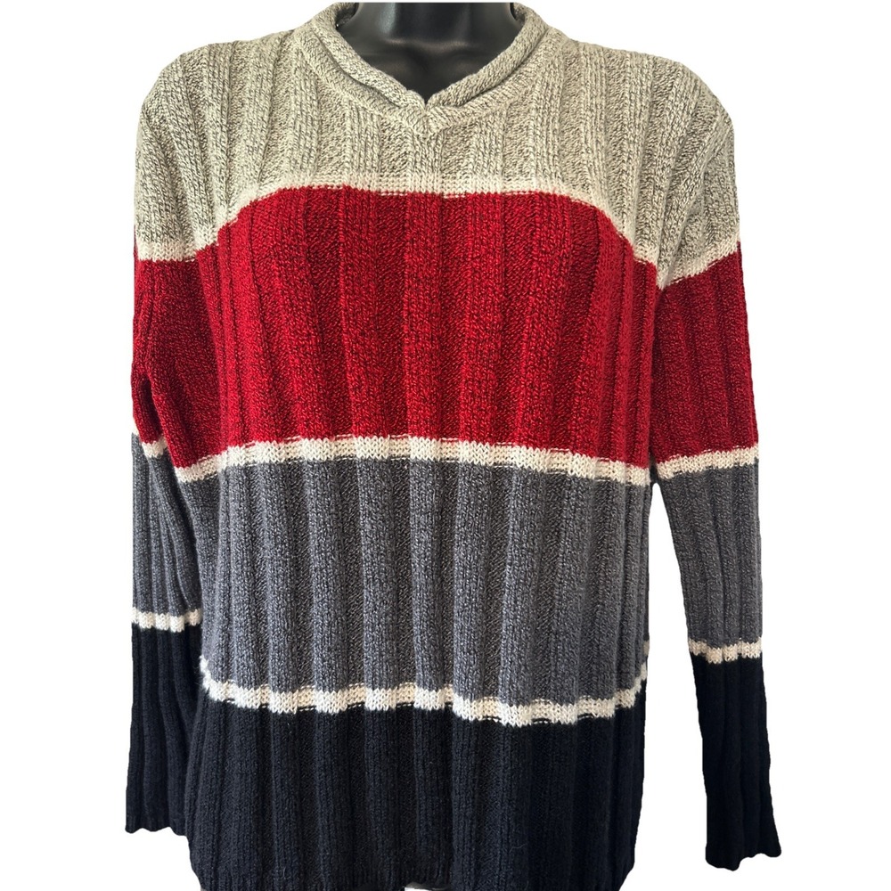 VTG 90s Y2K Carolyn Taylor Grey Red Black Striped Pullover Sweater Size L‎ Large